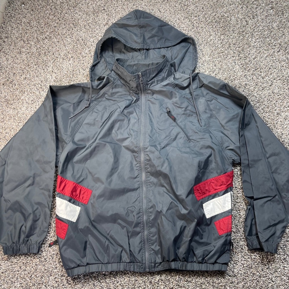 Vintage Adidas Men's Large Windbreaker Jacket Grey Red White Full Zip Hooded